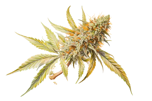 Cannabisblüte in diversen Farben und Cannabisblätter in saftigem Grün Die Farbenpalette einer Cannabispflanze ist einzigartig.