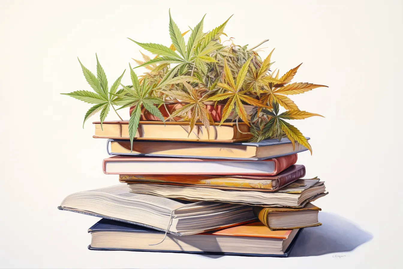 Eine einzigartige Kombination aus Hanfblättern und Büchern veranschaulicht die Vielfalt von Natur und Wissen. Bunte Bücher werden spannender, wenn sie von Cannabis veredelt werden, einer Pflanze, die viele Namen hat.