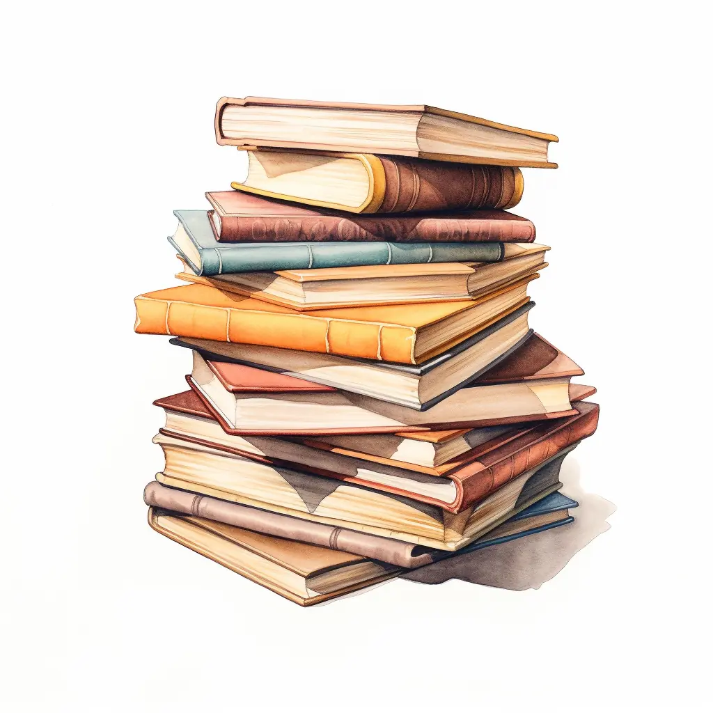 Pastellfarbene Bücher in halbrealistischer Zeichnung - ein Symbol für Wissen und Bildung Auf einem Stapel Bücher, der sich auf einem beigen Untergrund befindet, sieht man die Stadt.