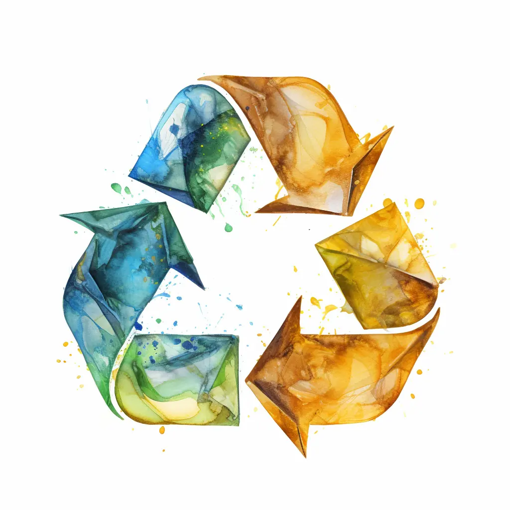 Ein Symbol, das in sanften Farben Recycling ausdrückt, ist ein künstlerischer Hinweis auf den Umweltschutz, der wie eine Mischung aus Wirklichkeit und Zeichnung aussieht. Auf einem Hintergrund, der beige ist, befindet sich ein Recycling-Symbol.
